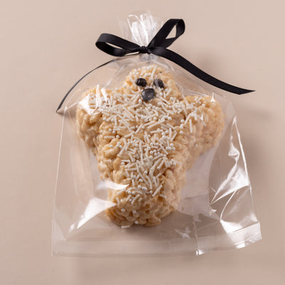 Gourmet rice crispy treat shaped like a Halloween ghost